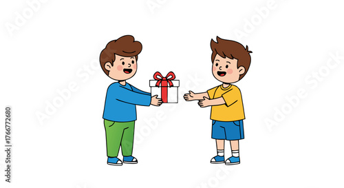 Young boy wearing blue shirt gives a gift to another boy wearing a yellow shirt on a white background