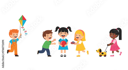 Joyful children playing outdoors with toys, kites, and pets, capturing moments of childhood fun and friendship in a vibrant illustration