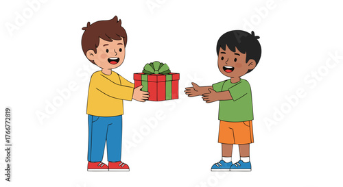 Illustration of a young boy in a yellow shirt happily presenting a wrapped gift with a green ribbon to another young boy in a green shirt and orange shorts