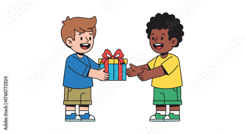 Children exchanging gifts on a special occasion or holiday, fostering friendship and joy through thoughtful presents