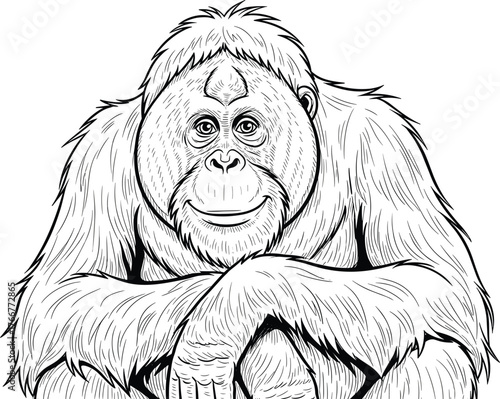Detailed line art vector illustration of a smiling orangutan, perfect for wildlife conservation, zoo education, coloring pages, or animal-themed graphic design projects.