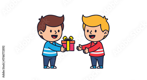 Two happy cartoon children exchanging a gift box, symbolizing friendship, sharing, generosity, and special occasions like birthdays and holidays