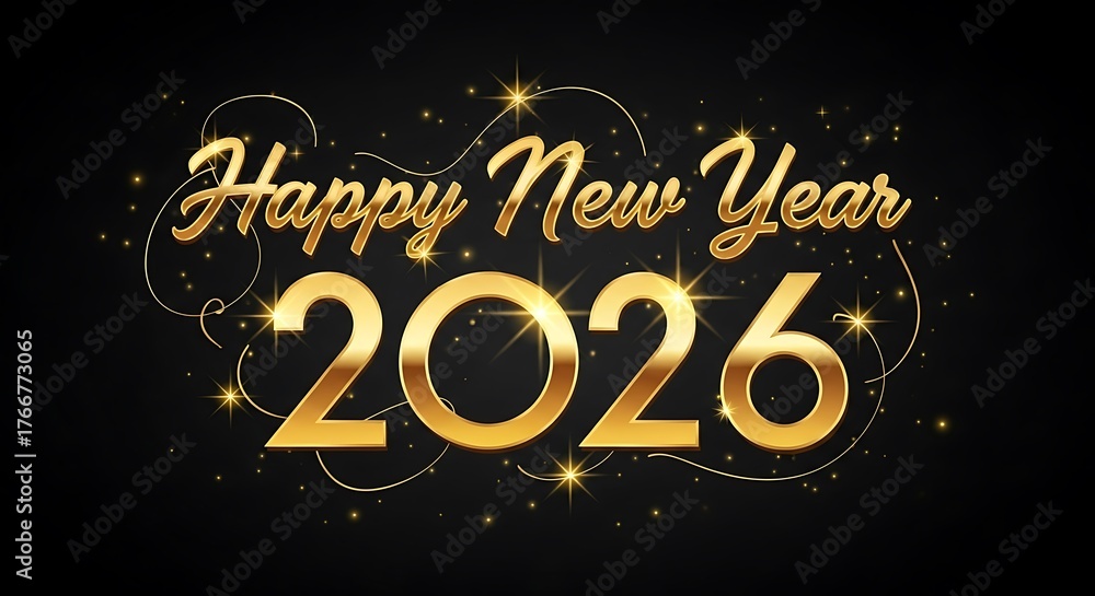 Fototapeta premium Celebrate the New Year 2026 with elegant golden text and sparkling festive lights