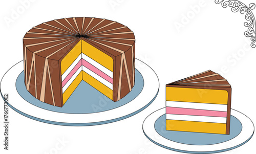 Layered birthday cake with chocolate frosting, slice cut out, vector illustration for celebration designs, party invitations, or dessert-themed graphic content.