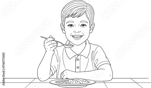 Happy child eating with spoon, line art vector illustration for mealtime, nutrition, parenting, and childhood concepts, simple design for education, health