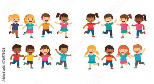 Cheerful diverse group of children running and playing together, depicting joy and camaraderie in a fun outdoor setting, fostering a sense of community and friendship among kids