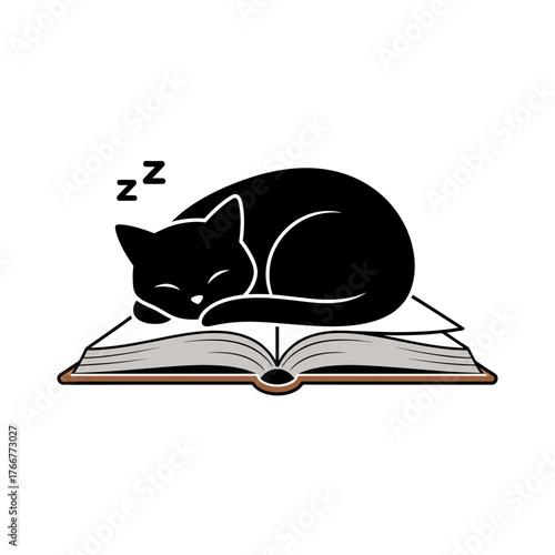 Black cat sleeping soundly on an open book, with zzz indicating sleep