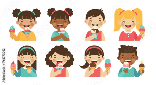 Delighted diverse children joyfully eating delicious ice cream cones on a sunny day, showcasing happiness and sweet treats in a vibrant illustration