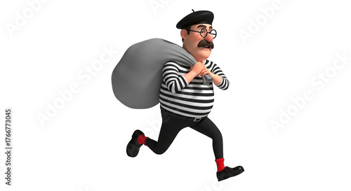 Cartoon thief with a beret runs away with a bag in a striped shirt on transparent background