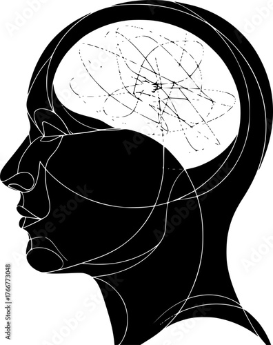 Abstract Geometric Head Profile Silhouette. Black Vector of Human Mind, AI Consciousness, Simple Technology Layers