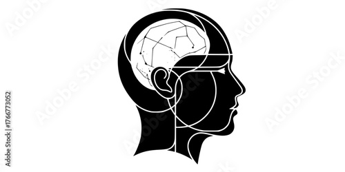 Abstract Geometric Head Profile Silhouette. Black Vector of Human Mind, AI Consciousness, Simple Technology Layers