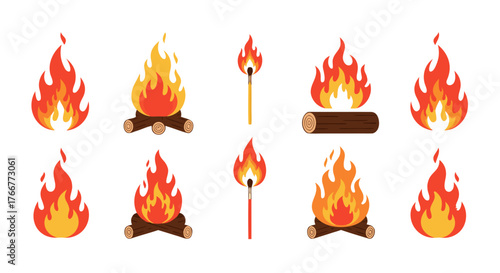 Collection of Bonfire and Match Icons, representing warmth, camping, and fire safety in various stylized forms for diverse graphic design needs