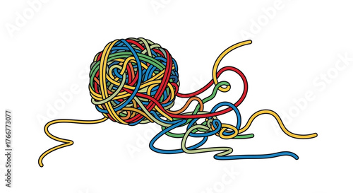 Tangled ball colorful rubber bands with several strands extending outwards, isolated on, symbolizing complexity and chaos