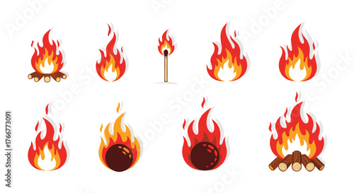 Set of various fire icons and flame illustrations including campfires, matchsticks, and burning spheres, symbolizing heat, energy, and danger