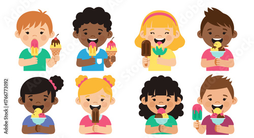 A delightful collection of diverse children joyfully enjoying various flavors of ice cream on a bright and sunny day, capturing moments of pure happiness and summer fun