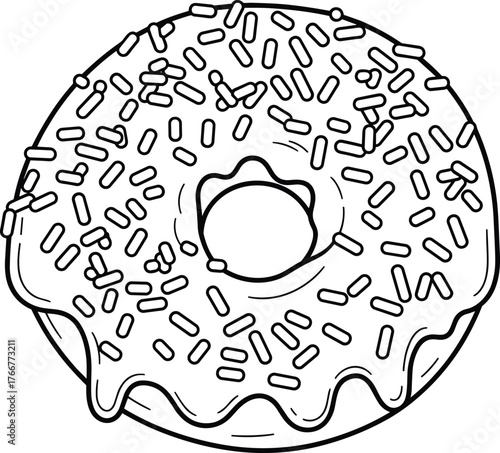 Line art vector illustration of a donut with icing and sprinkles, perfect for bakery designs, dessert menus, or children’s coloring pages and sweet-themed graphics.