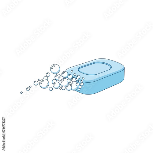 Bar blue soap with bubbles emerging from it