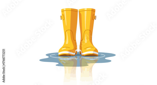 Pair yellow rubber boots standing in puddle water