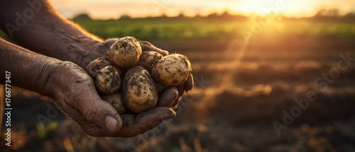 The Potatoes in Farmer's Hands Held Over Soil at Golden Sunset