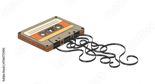An oldfashioned audio cassette tape with its magnetic tape spilling out, isolated on, symbolizing nostalgia, music, and analog technology