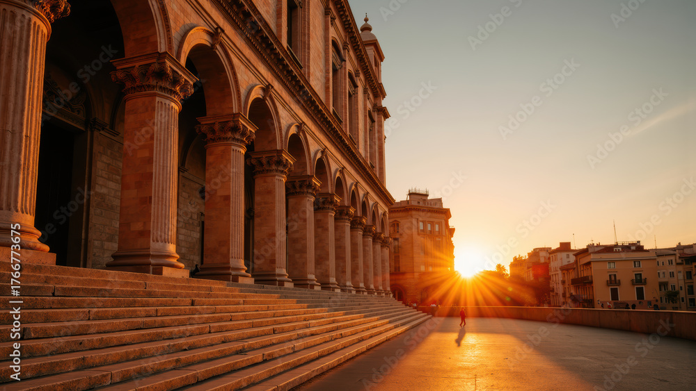 Fototapeta premium Stunning sunset illuminates grand architecture of historic building, showcasing tall columns and steps. warm light creates serene atmosphere
