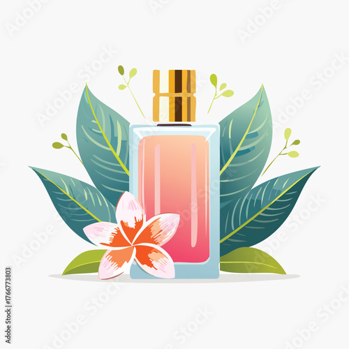 Elegant perfume bottle adorned with lush tropical leaves and a vibrant flower, evoking a sense of freshness and natural beauty