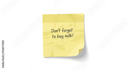 Crumpled yellow sticky note with the handwritten message dont forget to buy milk, serving as reminder for groceries and daily tasks, isolated on