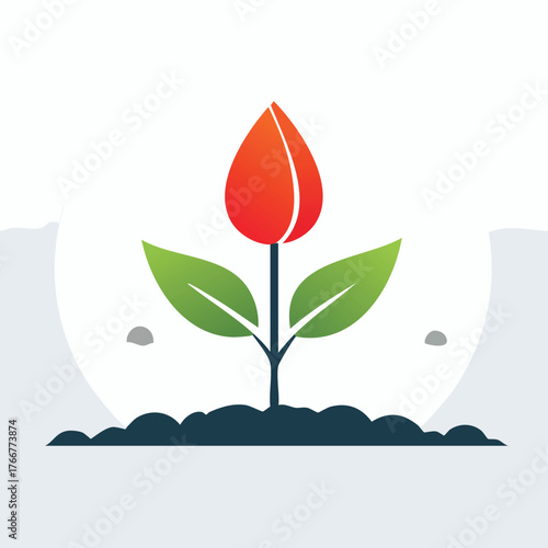 An illustration of a young plant with a red bud and green leaves growing from soil.