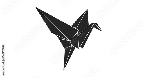 Stylized black silhouette an origami crane, isolated on, representing peace, hope, and good fortune