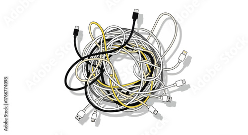 Jumbled pile colorful computer cables including yellow and black, with connectors, , representing technological chaos and connectivity issues