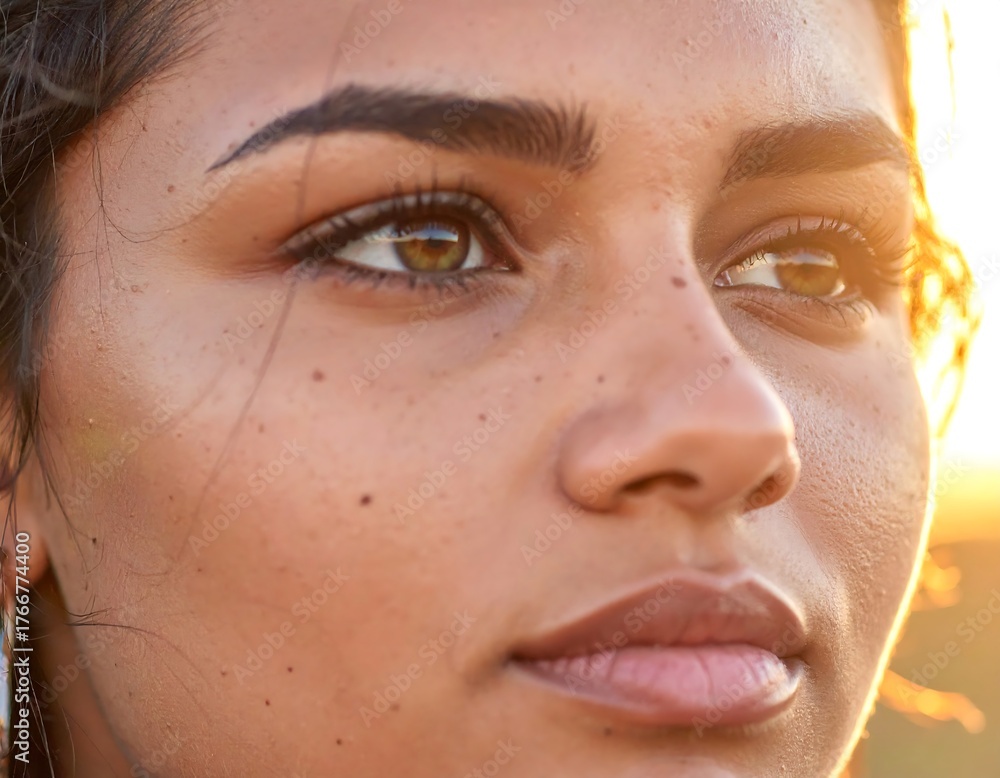 Fototapeta premium Close-up of a woman?s face, golden hour light