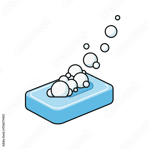 Blue bar soap with bubbles and foam