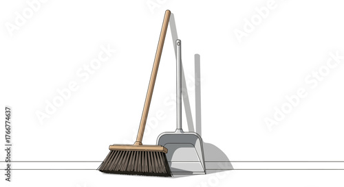 Wooden broom and metal dustpan, representing cleaning and tidiness
