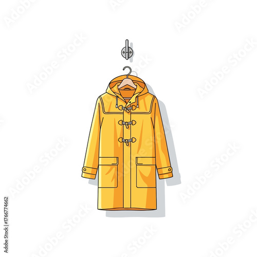 Yellow duffle coat hanging on hook