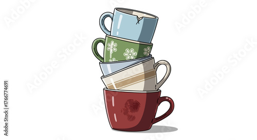 Stack four colorful, patterned ceramic coffee cups, one red, one cream, one green, and one blue, with handles