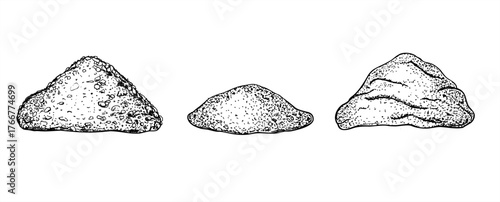 Monochrome heaps of flour powder vector illustration clip art painted by black inks in linear style. Aromatic spice pile set graphic sketch. Food ingredient for cooking recipe, medicine, menu