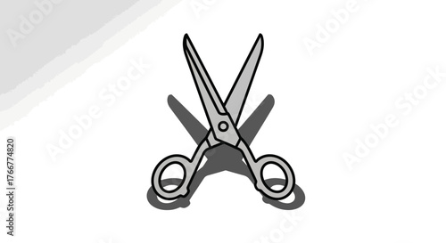 Pair open scissors with sharp blades and finger loops, casting shadow on