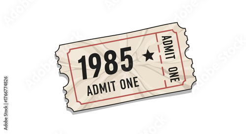 Vintage admit one ticket with the year 1985 printed on it, isolated on