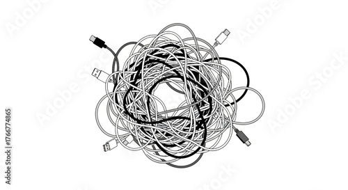 Tangled mess various usb cables and connectors, isolated on, representing complexity and disorganization in technology and digital connections