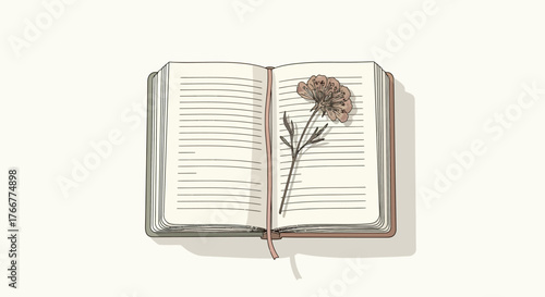 An open book with dried flower pressed between its pages, isolated on, evoking themes memory, nature, preservation, and the passage time