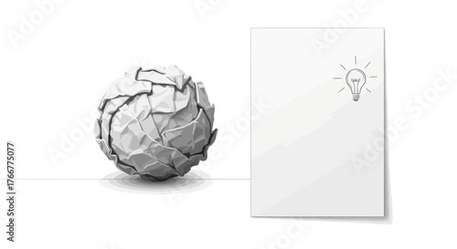 Crumpled paper ball next to blank sheet paper with lightbulb sketch, representing ideas and creativity