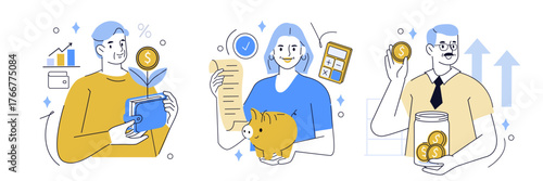 Retirement savings and pension planning set. Elderly characters saving money, investing, preparing for financial security in old age. Vector illustration.
