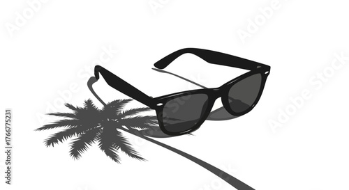 Black wayfarer sunglasses casting shadow palm tree, , evoking vacation, tropical, and summer vibes