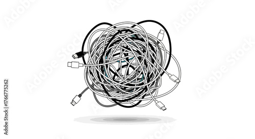 Tangled mess black and computer cables and wires, isolated on, representing chaos and disorganization in technology and electronics