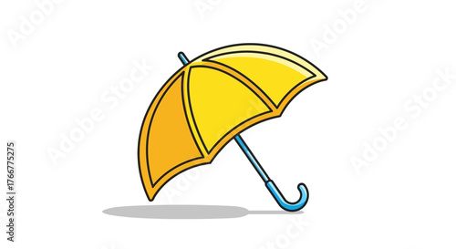 Bright yellow umbrella with curved handle, isolated on, symbolizing protection and shelter from the rain