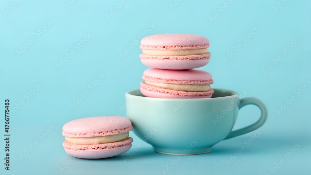 Obraz premium A stack of pink macarons in a light blue cup, with a single macaron on the side, against a blue background