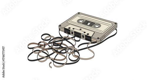 Tangled audio cassette tape with its magnetic ribbon spilling out