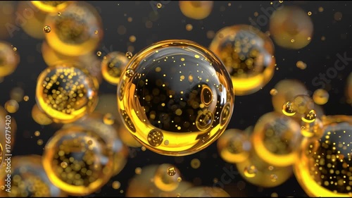 Abstract golden bubbles floating against a dark background, 3d render