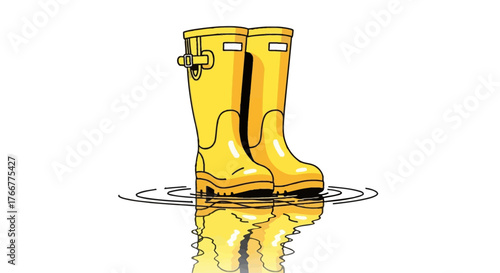 Pair bright yellow rubber rain boots standing in puddle