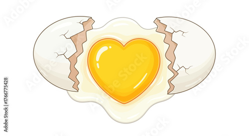 Broken egg with heartshaped yolk, symbolizing love and new beginnings